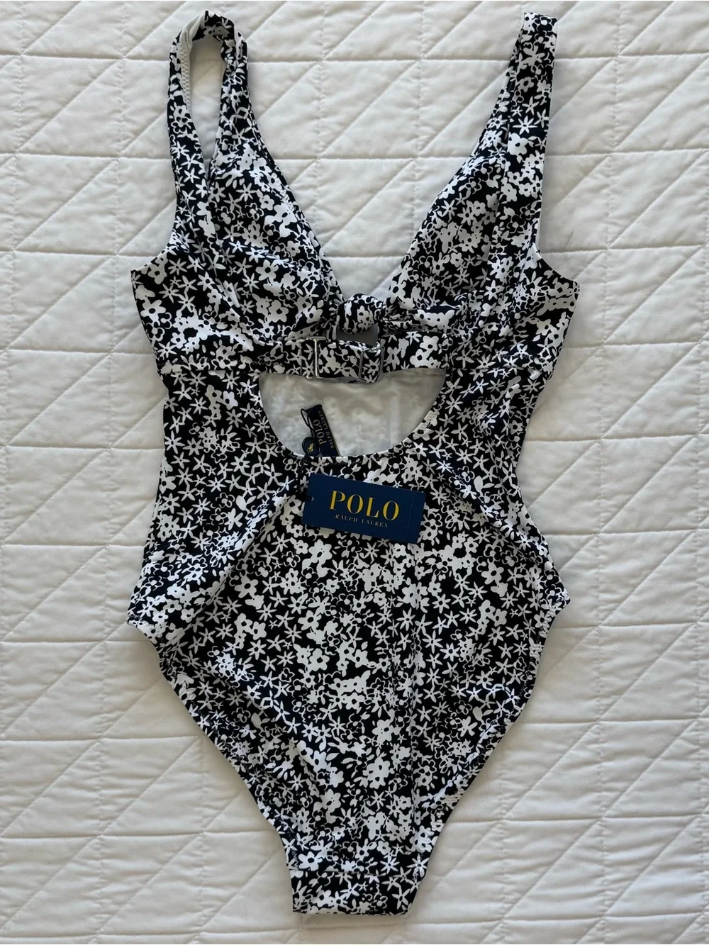 Ralph Lauren Black & White Floral Knot Front One-Piece